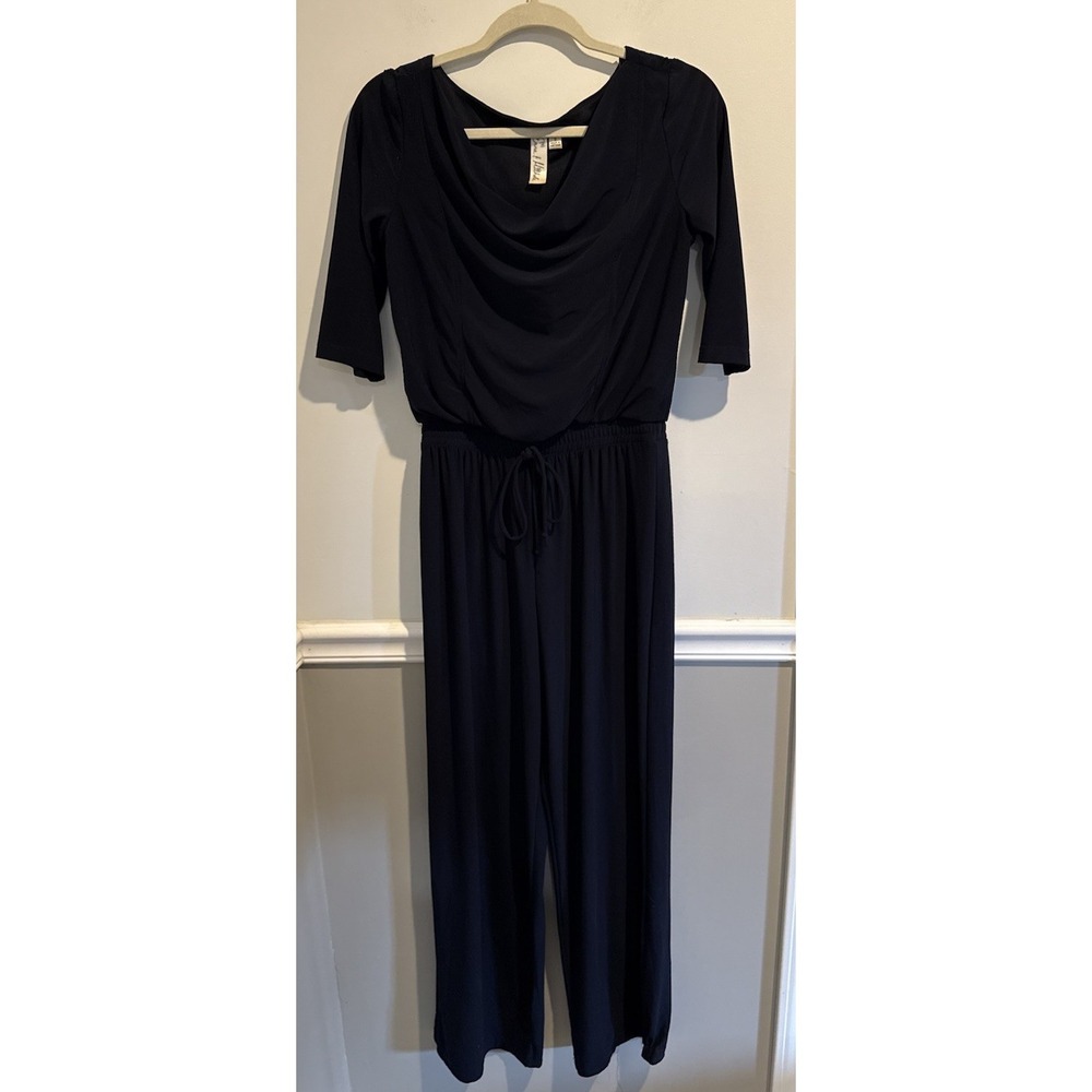 Emma & Michele navy blue jersey jumpsuit draped cowl neck elastic waistband  Sz8